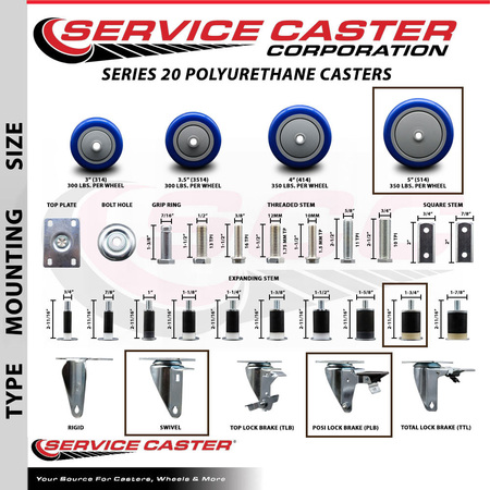 Service Caster 5'' Blue Poly Swivel 1-3/4'' Expanding Stem Caster Set with Brake, 4PK SCC-EX20S514-PPUB-BLUE-PLB-134-4